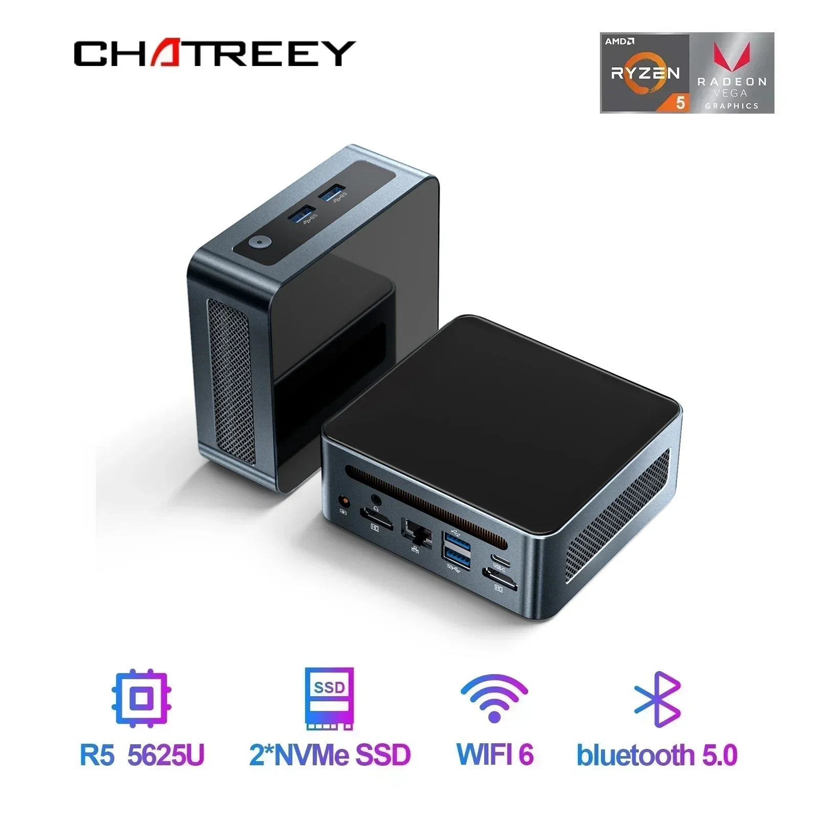 Мини-ПК Chatreey AN2P R5 5625U Игровой настольный компьютер NVME SSD WIFI6 2x HD Windows 11 Pro