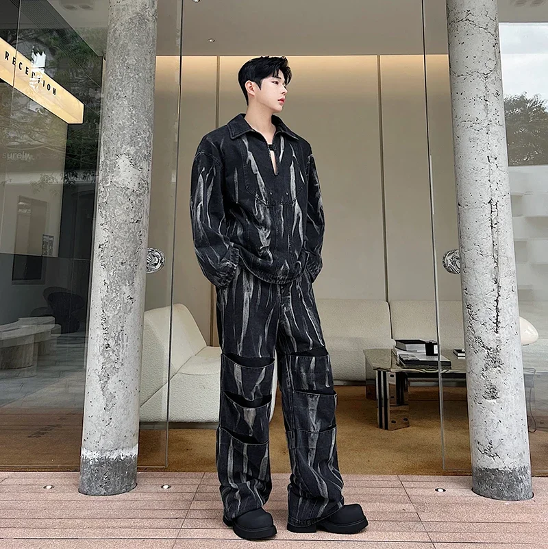 

Мужские джинсовые костюмы из 2 предметов с принтом тай-дай, Корейская уличная одежда с длинным рукавом, Свободные повседневные винтажные мешковатые джинсы, пуловер, рубашки и брюки