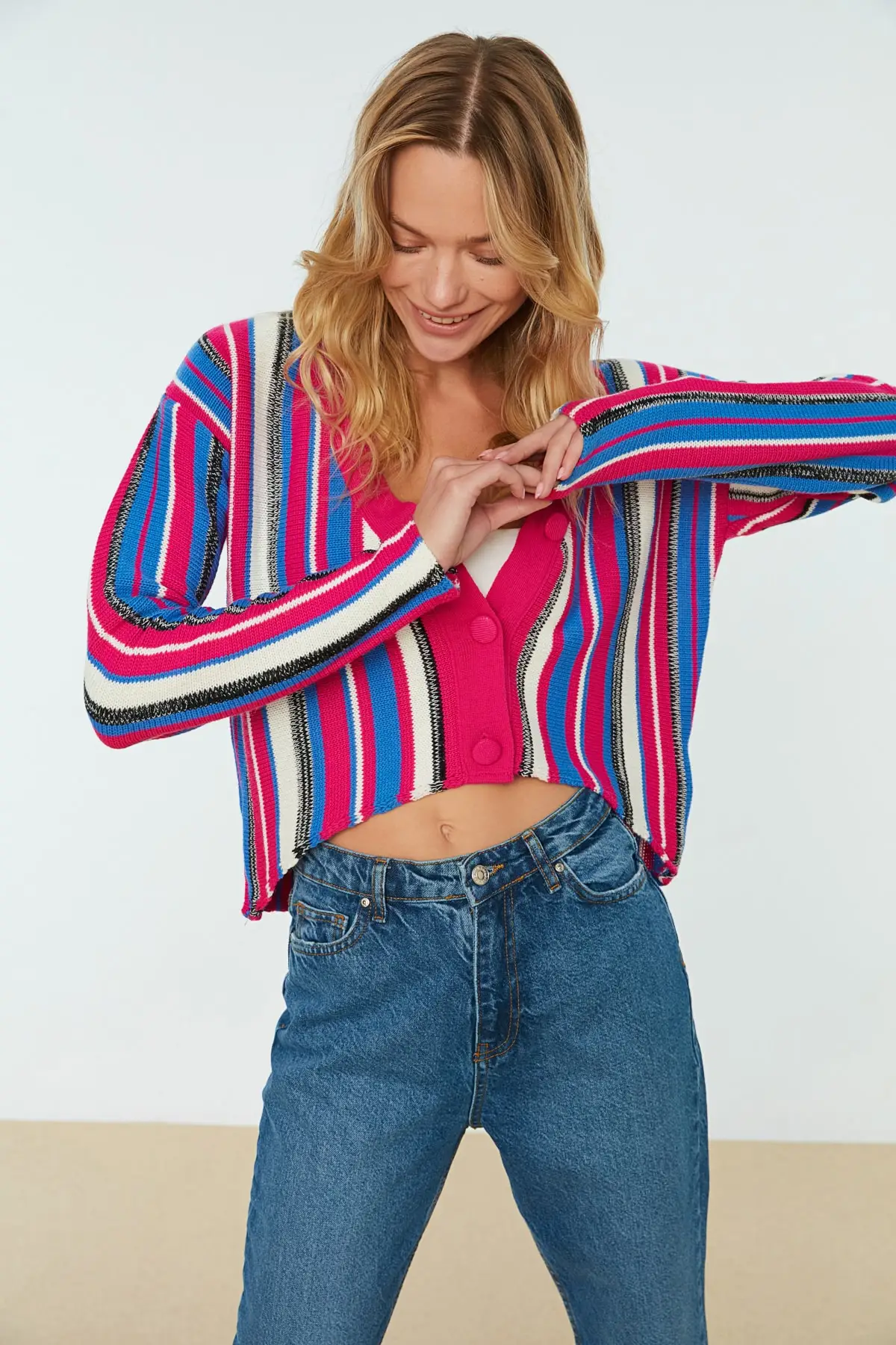 

Women's Cardigan Pink Color Block sportswear Casual Knitted Quality Fashion Cardigan Sweaters Loose Sweater Sweater Jumper
