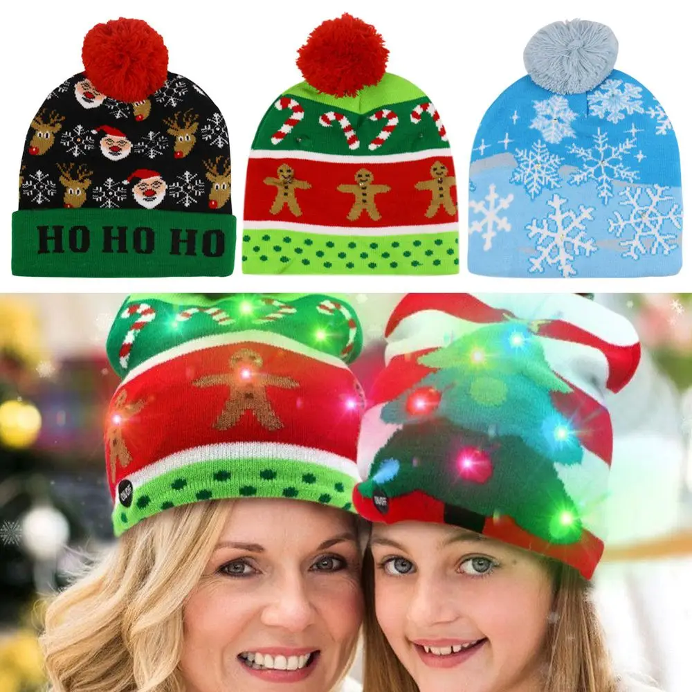 

Christmas Gift Xmas Tree Cartoon Light Up Christmas Hat Sweater Beanie LED Hat Knitted Cap