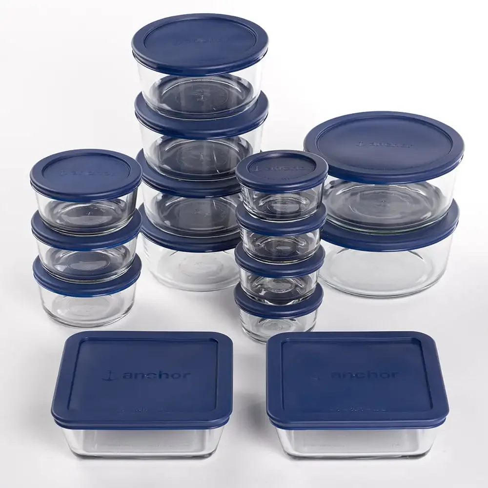 

Clear Glass Storage 30 Piece Set with Navy Lids