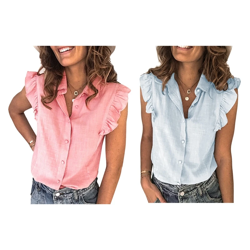 

Женская летняя рубашка без рукавов, с рюшами, на пуговицах