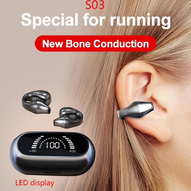 

S03 TWS Bone Conduction Earphone Bluetooth 5.2 Ear Clip on Ear Earring Wireless Headphones Sports Headsets Ear Hook with Mic