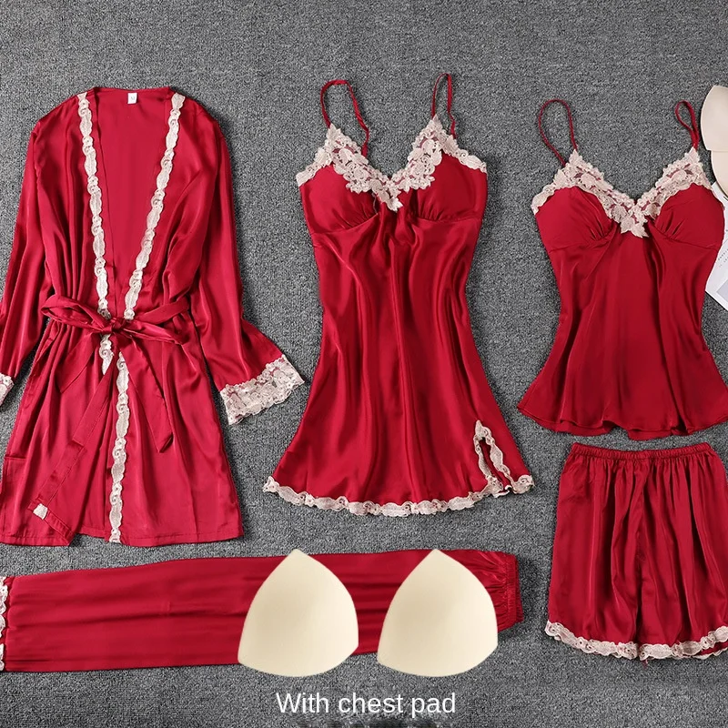 Spring and Autumn Sexy Five-piece Suit Women's Pajamas, Ice Silk Thin Sleepwear, Summer Lady's Homewear With Bra