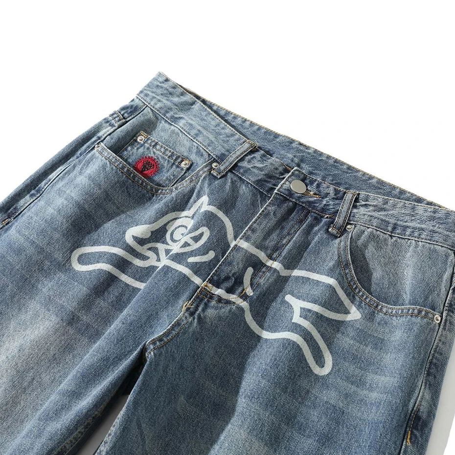 Dog Print Hip Hop Baggy Jeans Men Fashion Casual Loose Straight Denim Pants Black Blue Harajuku Streetwear Y2K Jeans for Man