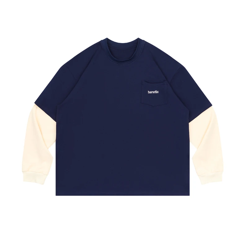 

Hero Heretic Japan Casual Cityboy Fake 2 Pieces of Cotton Embroidery Men Loose Long Sleeve Sweatshirts Navy Round Neck Pullover
