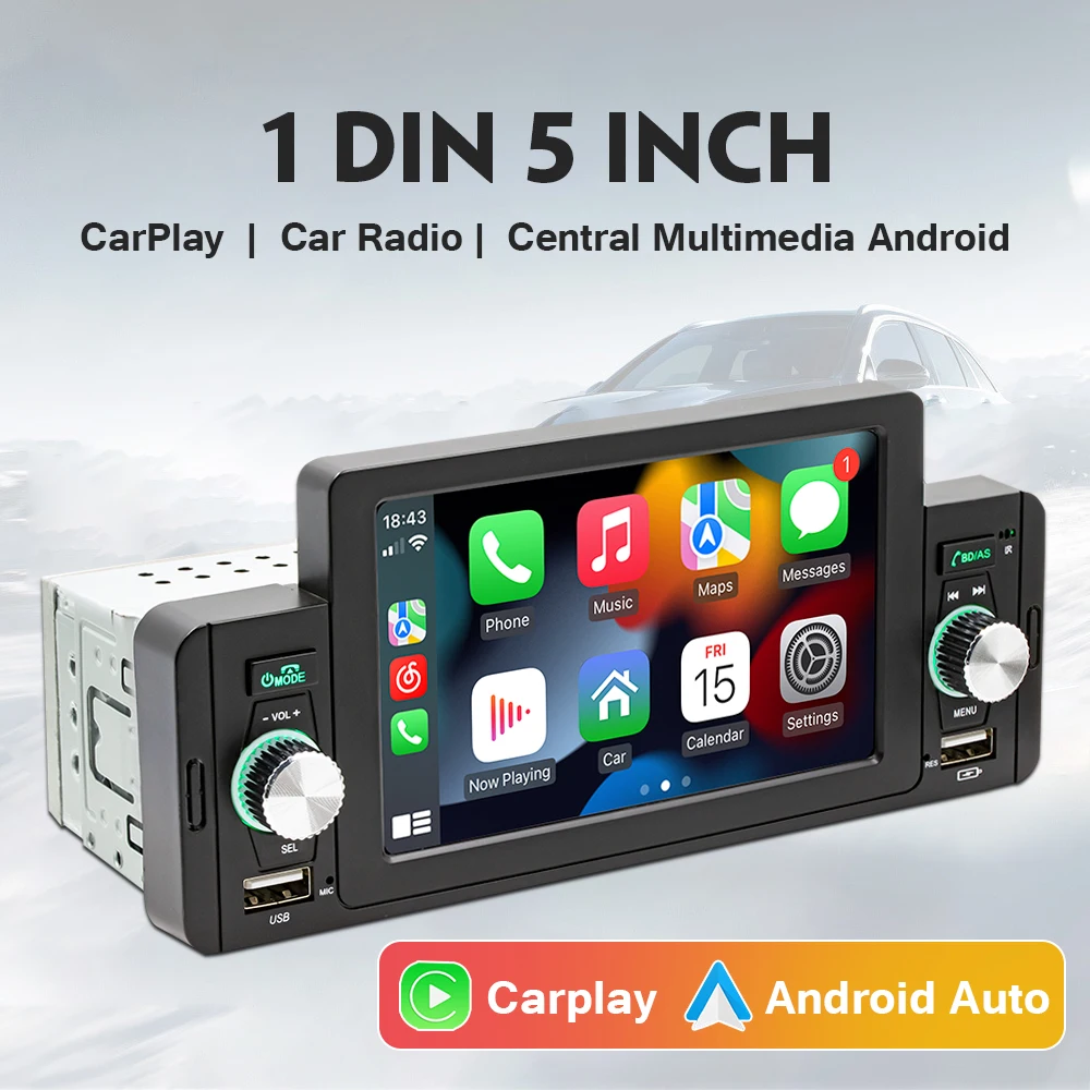 

JMMXG 5 inch Car Radio 1Din Automobile Touch Screen Multimedia Player With CarPlay Android Auto Bluetooth MirrorLink FM Receiver