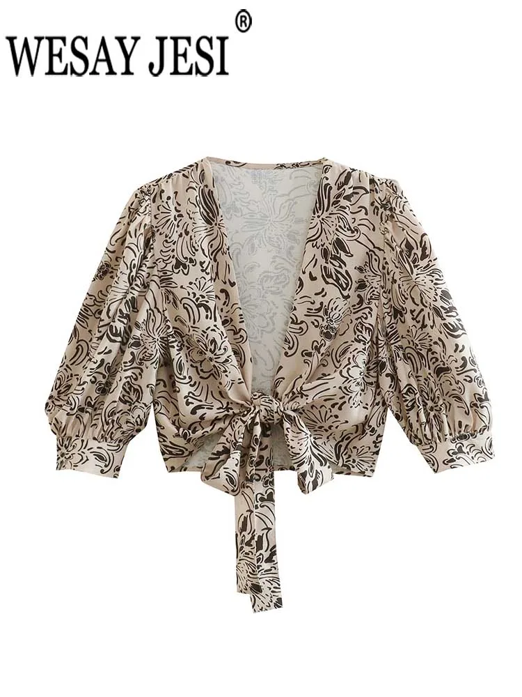 

WESAY JESI Summer New Fashion Trend Vintage Premium Print Cardigan Bow Tie Top Mature Elegant Ladies Short Sleeve Chiffon Blouse