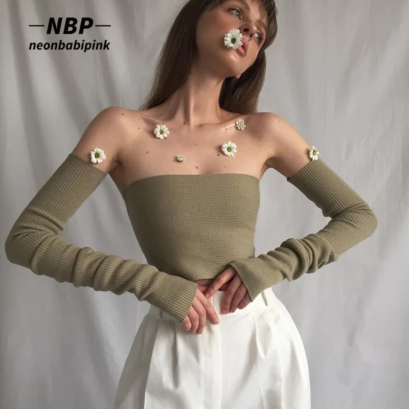 

NEONBABIPINK Solid Color Knitted Crop Top with Long Sleeves Y2k Clothes Grunge Fairy Woman Tshirts Spring 2022 N33-BZ11