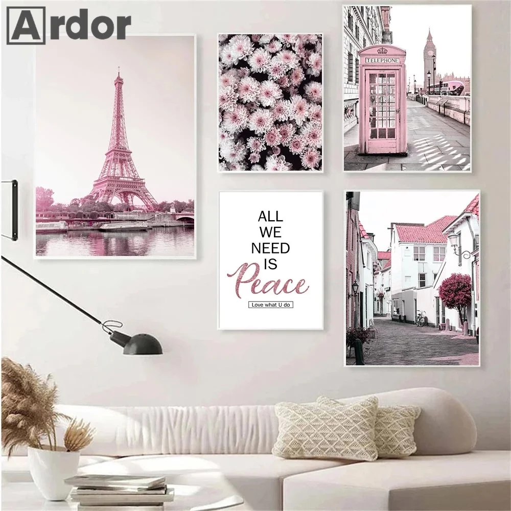 Современный постер с розовыми цветами Эйфелева башня почтовый ящик архитектура