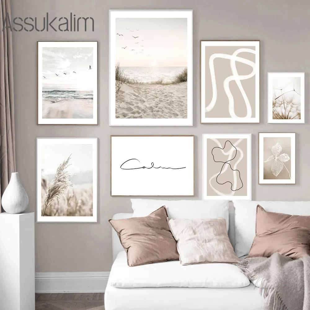 

Beach Canvas Painting Dandelion Art Mural Abstract Line Art Prints Beige Wall Posters Nordic Art Picture Living Room Decoration