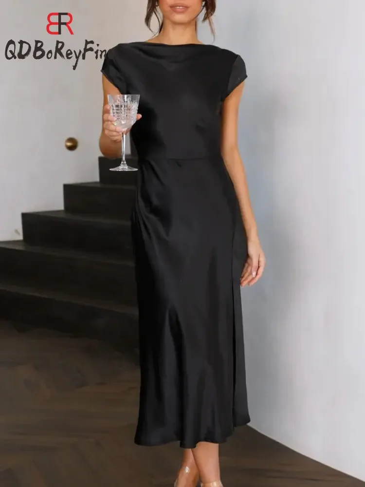 Элегантное черное атласное платье с открытой спиной сексуальное облегающее