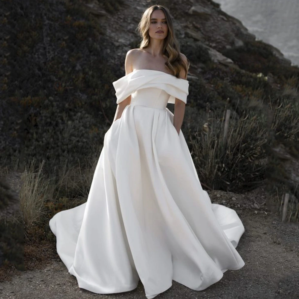 

Simple White Wedding Dress Tube Top Backless Drop-Shoulder Sleeves Back With Bow A-Line and Floor Bridal Church Formal Gowns