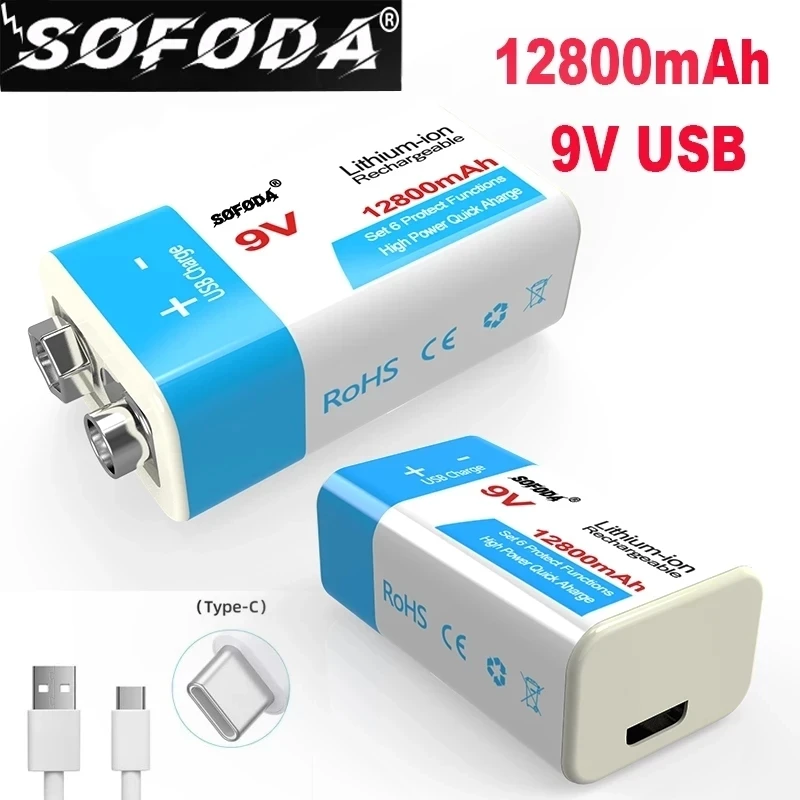 Литий-ионный перезаряжаемый аккумулятор 9 В 12800 мАч Тип C USB батарея мультиметр