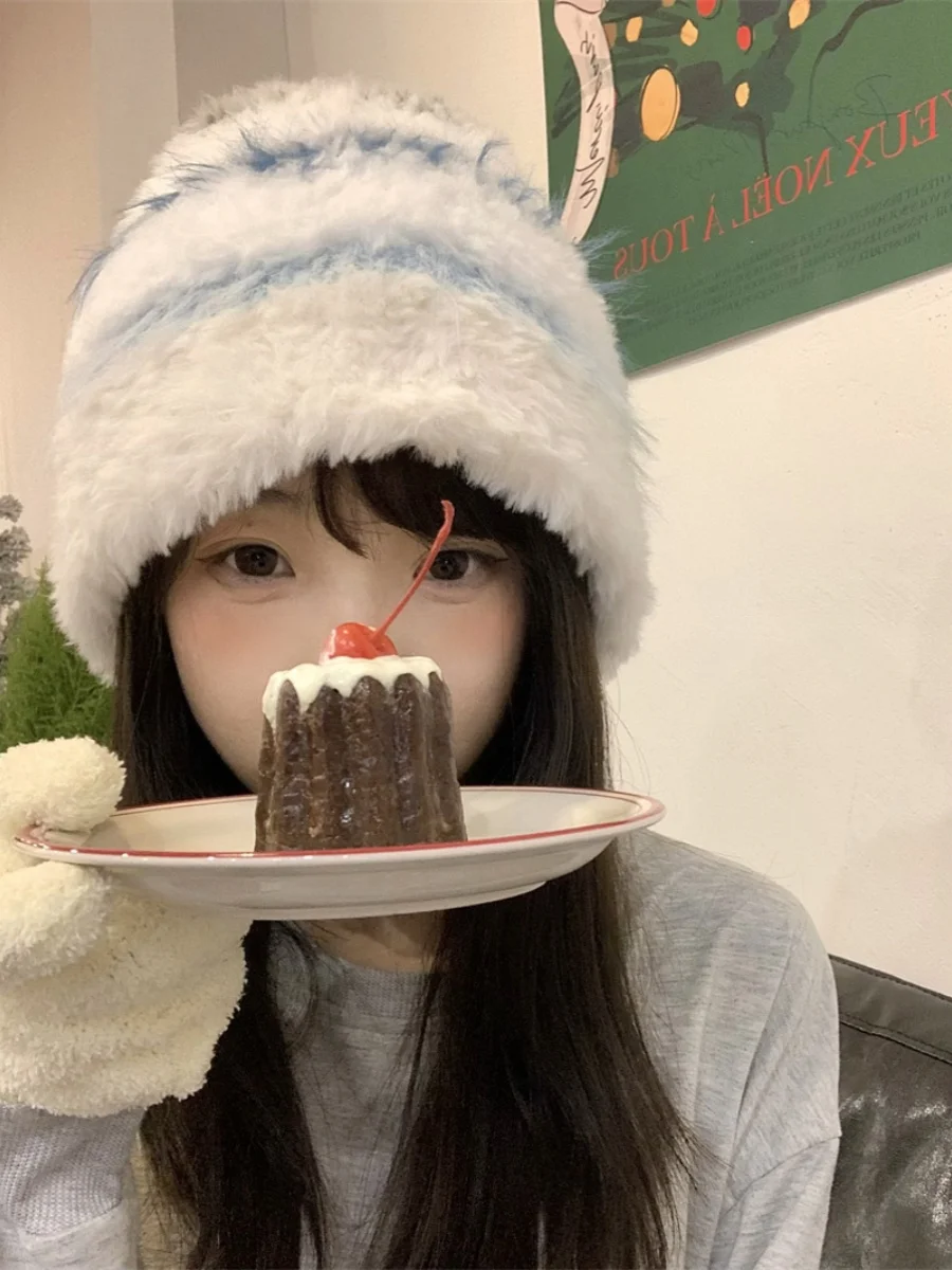 Thickened Plush Knitted Hat for Women Autumn and Winter Cold-Proof Woolen Cap Warm Earmuff Face-Looking Korean Sle Big Head...