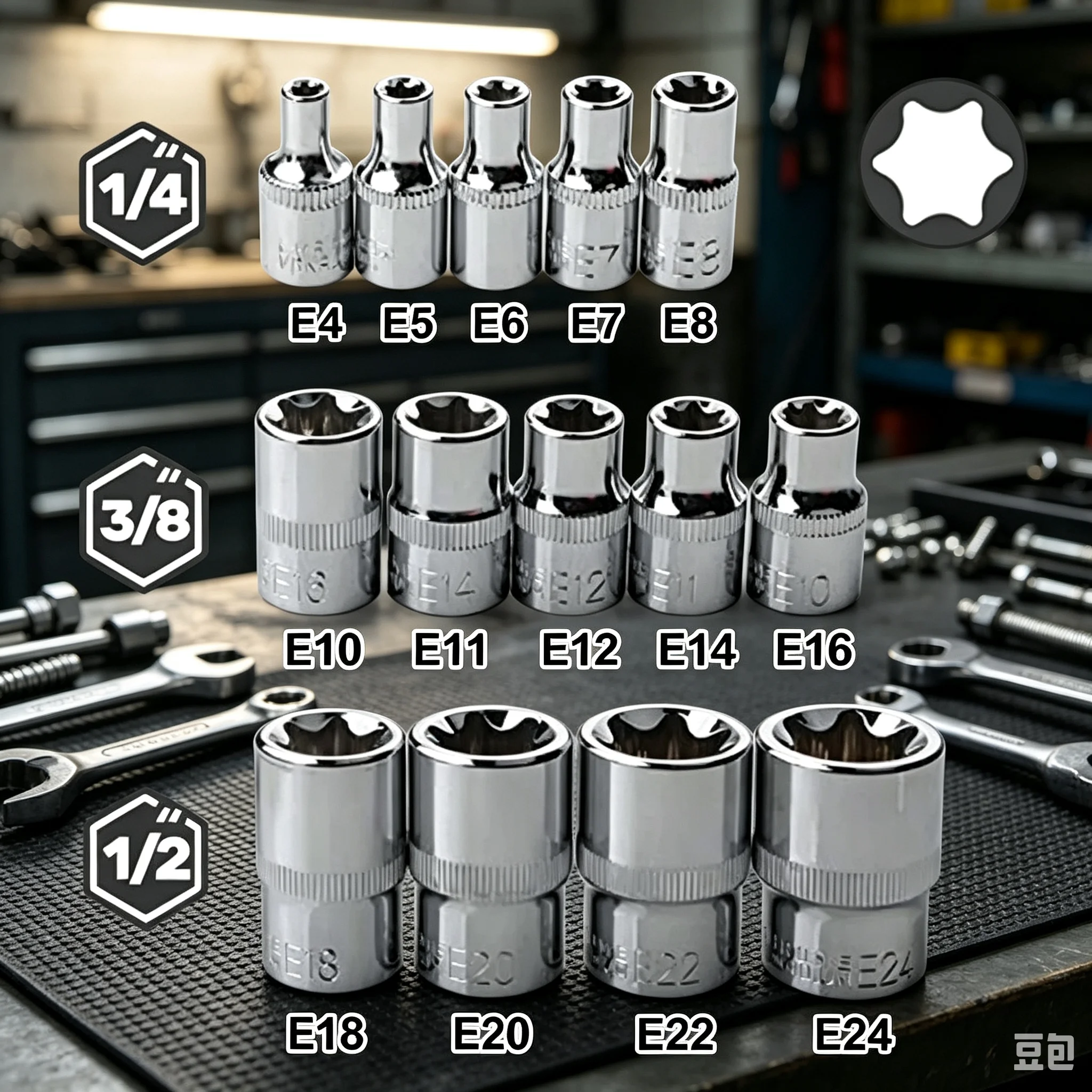 Фото Набор из 14 штук торцевых головок E-Torx для гайок E4-E24 №1