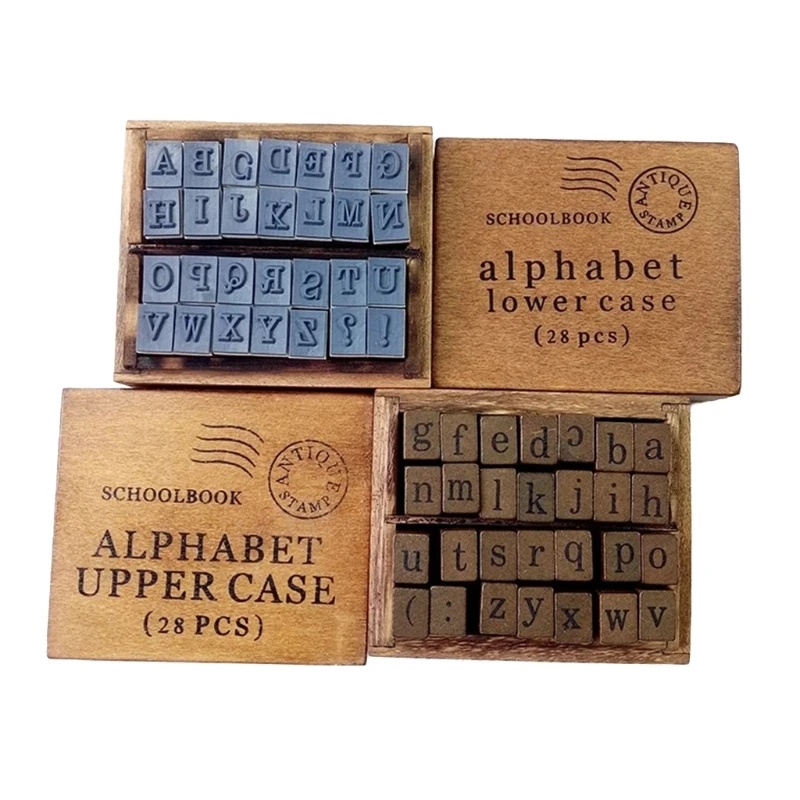 

28Pcs/Set Dairy Wooden Rubber Stamps Multipurpose Uppercase Lowercase Alphabet Letter Symbols Vintage Stamp with Box for DIY