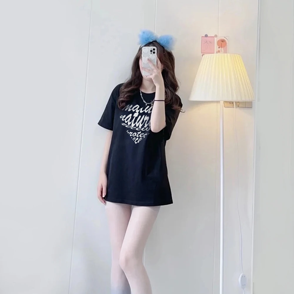 

American Retro Heavy Cotton Short-Sleeved T-Shirt Women's Summer Loose South Korean Fashion Women's Clothing Blouse Loose Xs-2Xl