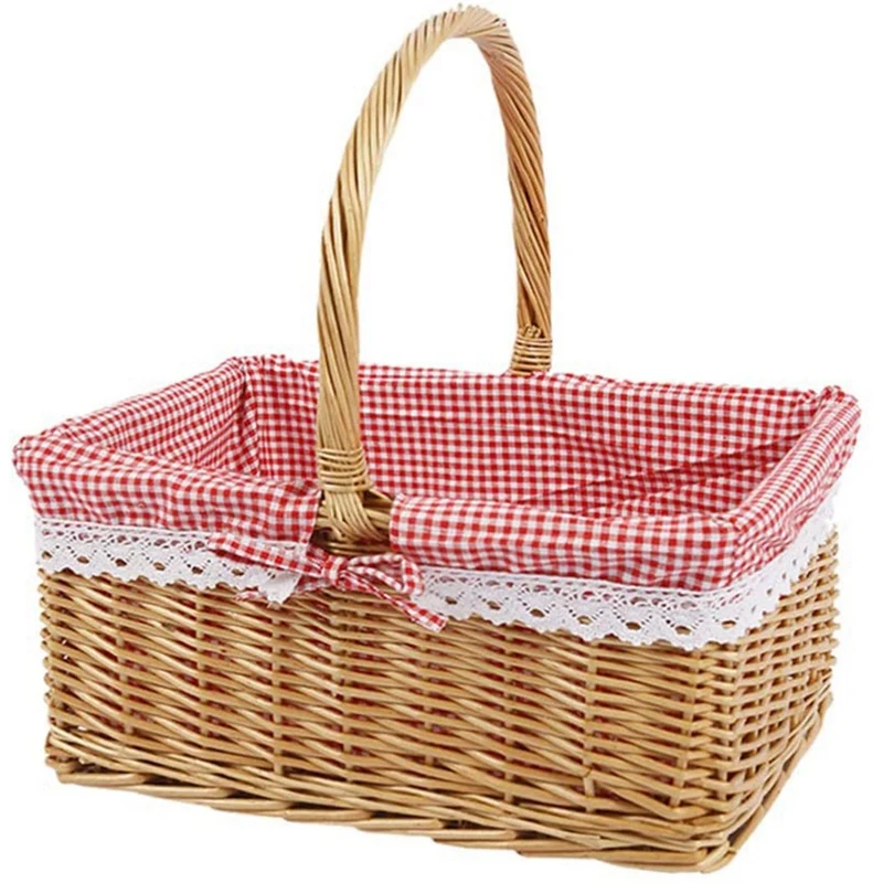 

Picnic Basket Wicker Basket Shopping Basket Rectangle Red Liner Handle Gift Basket Bread Basket Vegetable Basket