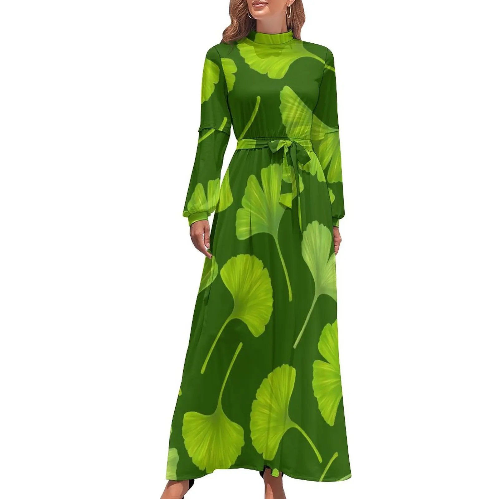 

Зеленое платье Гинко Билоба с милым принтом листьев, стильное богемное длинное платье, дизайнерская одежда с высокой талией
