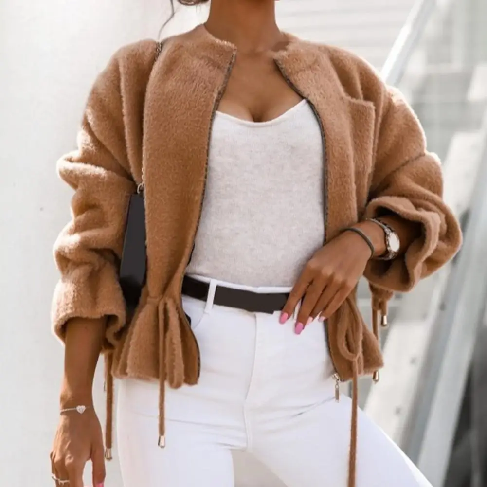 

Women Jacket Long Sleeves Plush Coat Lady Winter Zipper Placket Plush Solid Jacket Coat