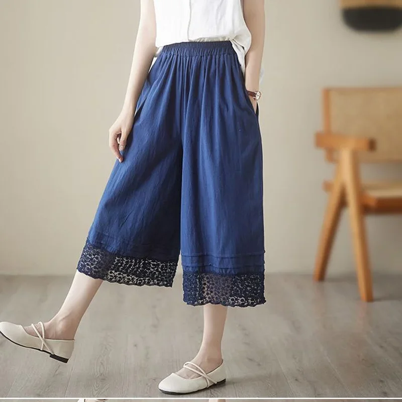 Женская одежда широкие брюки длиной до икры повседневные однотонные летние с