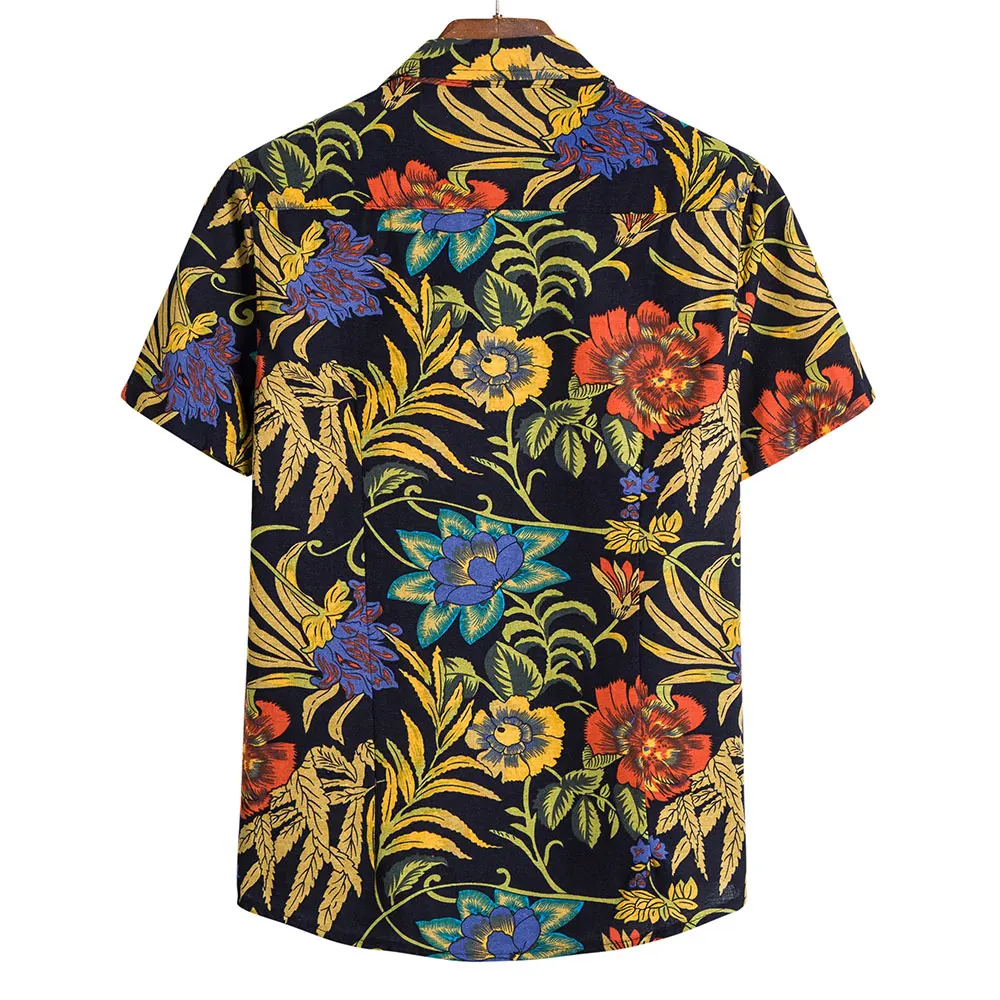 Рубашка мужская из хлопка и льна с цветочным принтом винтажная сорочка Slim Fit