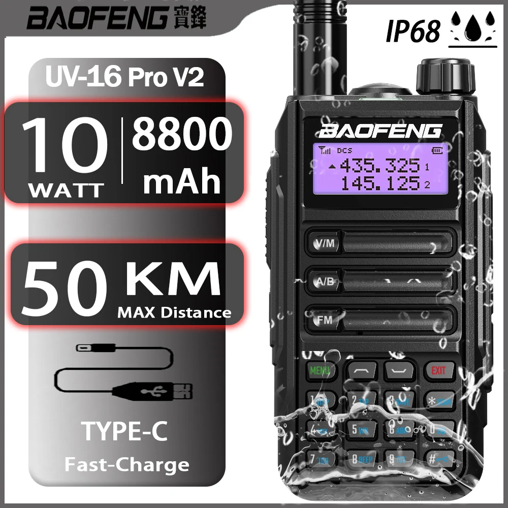 BAOFENG UV-16 pro V2 10W Powerful Handheld Transceiver with UHF VHF Dual Band Long Range Walkie Talkie Ham UV-5R Two Way Radio