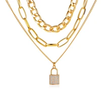 multi layer gold lock crystals link chain necklaces for women female shiny crystals punk pendant necklace jewelry