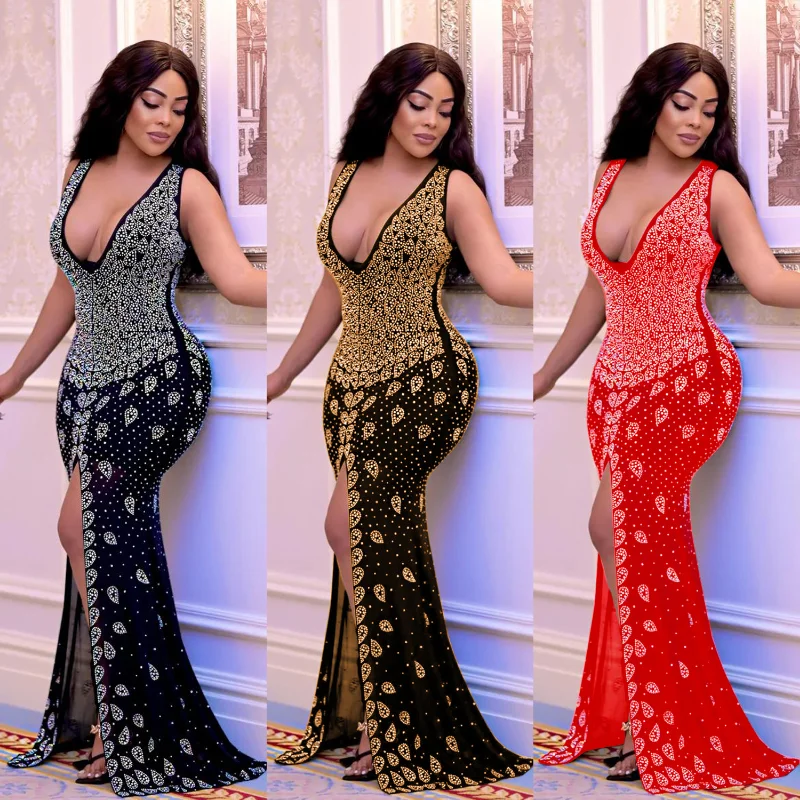 

Женское сексуальное Сетчатое облегающее вечернее коктейльное платье со стразами, модное платье без рукавов с V-образным вырезом и высокой т...