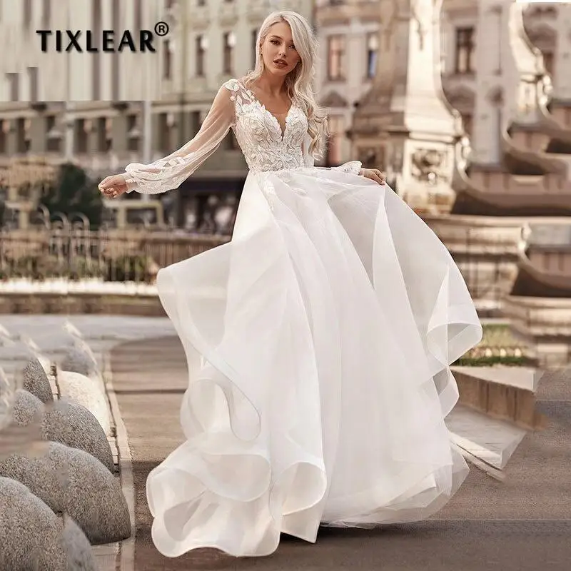 

YEEH Classic Long Puffy Sleeves Wedding Dress Lace Applique Organza Bridal Robe Sweep Train V Neck Pleat Vestidos De Novia