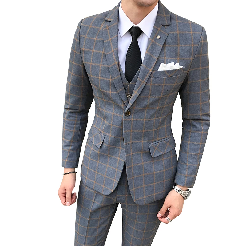 

High-end Casual Business Mens Suits Blazer Vest Pants New Groom Fashion Boutique Plaid Wedding Dress Suit 3pce and 2Pces Sets