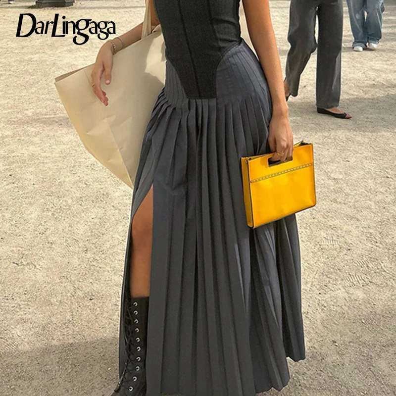 

Darlingaga Fashion Chic Grey Pleated Skirt Party Streetwear Boho Side Slit Long Skirt Female Elegant Loose Fold Party Clothing
