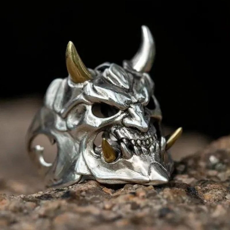 

Vintage Alloy Mask Ghost Prajna Ring for Men Fashion Two Tone Punk Hollow Skull Men's Ring Party Jewelry Anniversary Gifts