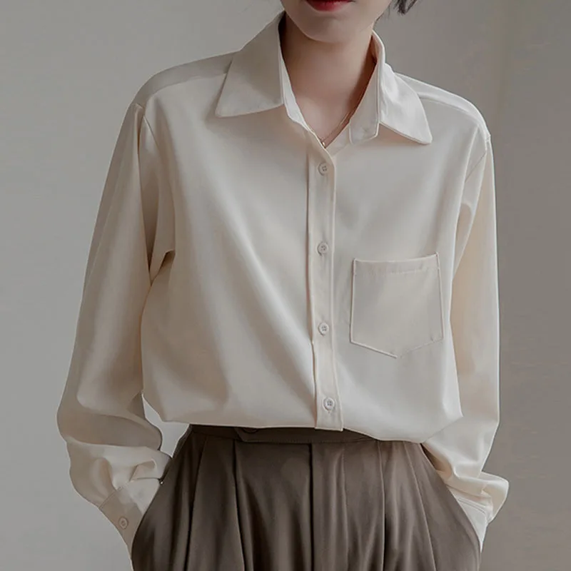 

Women Tops and Blouses 2022 Blusas Femininas Elegantes Vetement Femme Clothing Chiffon Solid V-Neck Pockets Simple Office Wear