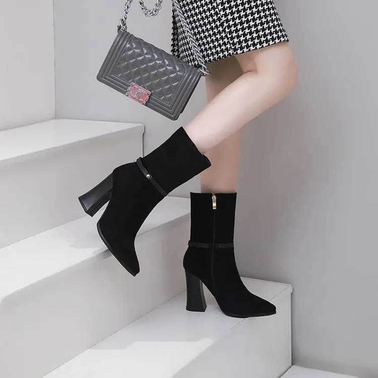 

Женские зимние ботинки с острым носком, на толстом каблуке