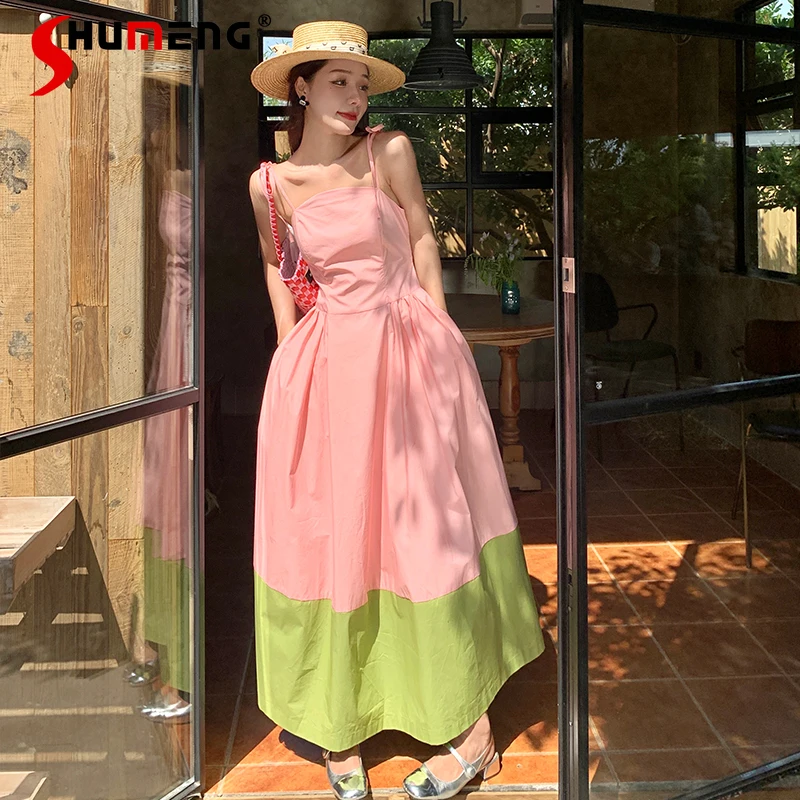 Summer Niche Design French Color Matching Dress Sweet Super Fairy Slimming Seaside Holiday Beach Strap Dress for Women