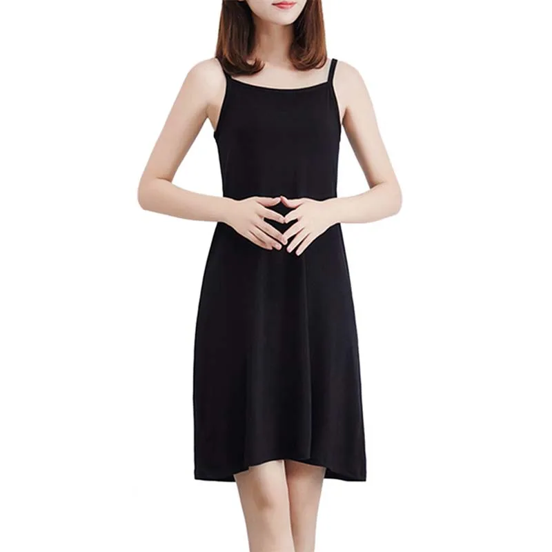

Women Solid Color Dress Camisole Spaghetti Strap Long Tank Top Slip Mini Dress