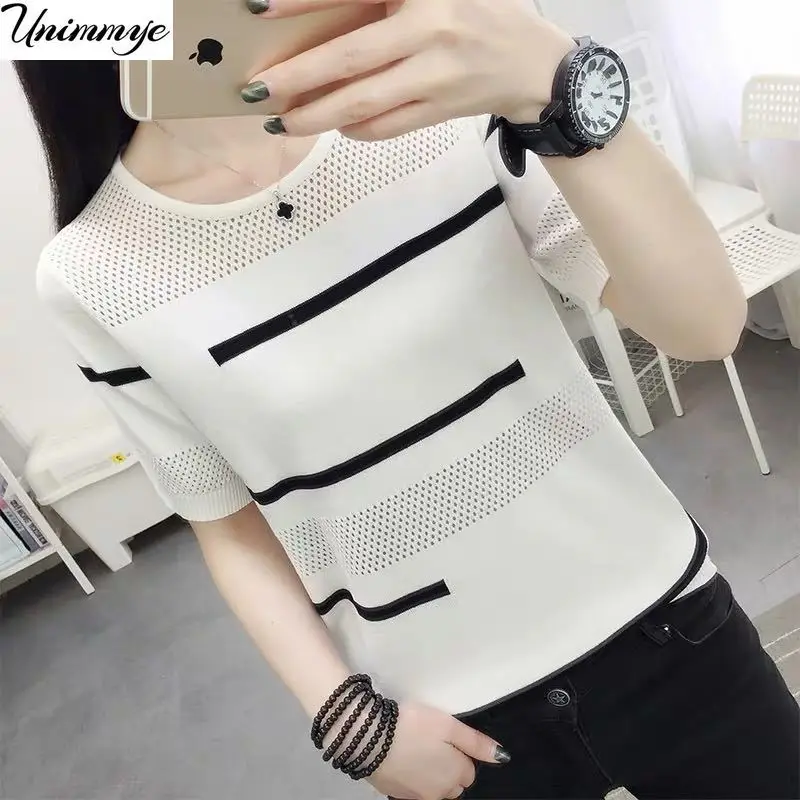 

Summer Fashion Ice Silk Knitwear Pullover Sweater Women's New Hollow T-shirt 2022 Stripe Women Top Short Sleeve T-shirts J432