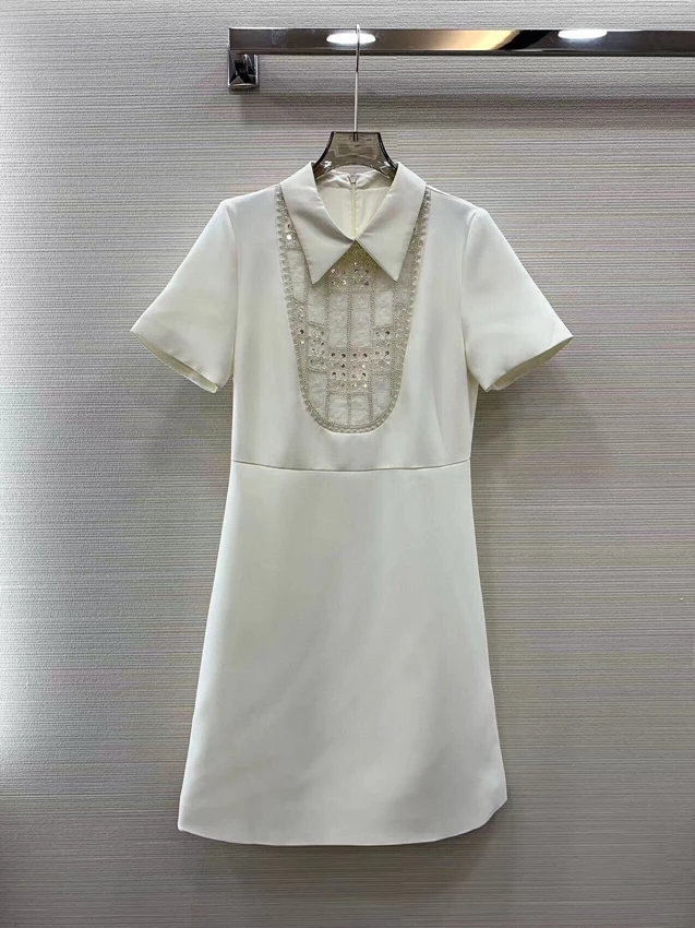 

2023 new women's fashion short-sleeved contrasting lapel diamond slim-fitting elegant generous dress 0504