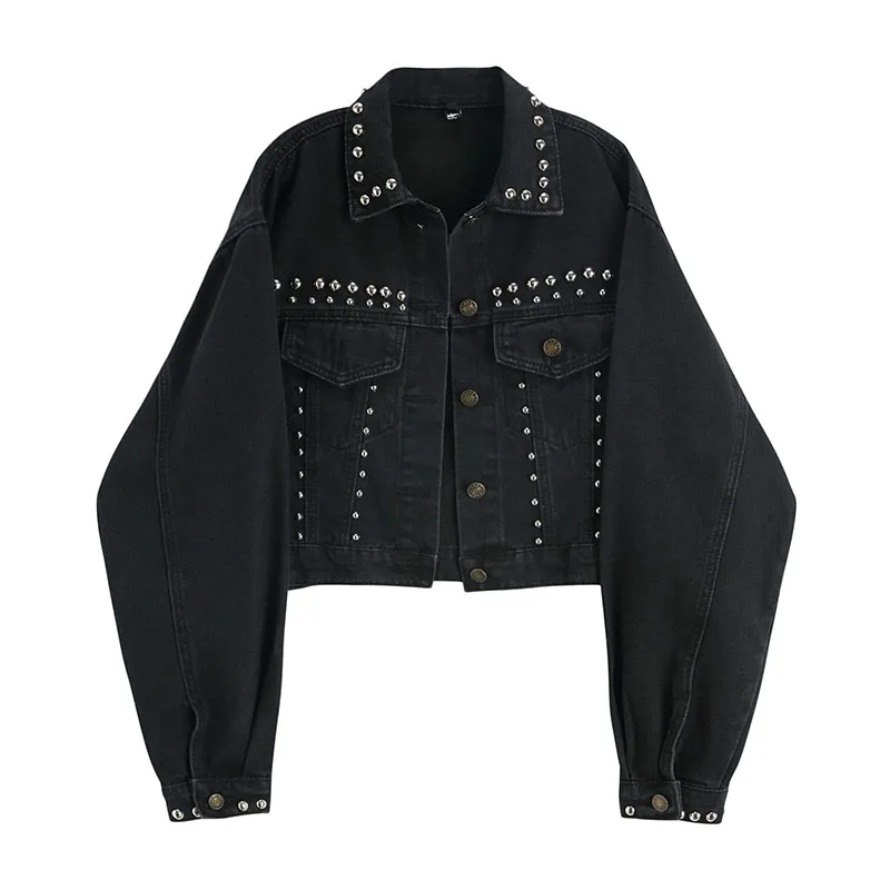 

Женская джинсовая куртка в стиле Харадзюку, черная Готическая Свободная куртка с длинным рукавом, коротким отложным воротником и заклепками, Повседневная джинсовая куртка с длинным рукавом, осень 2023