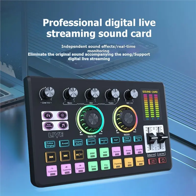 Фото Звуковая карта ABJF, микрофон, аудиомикшер OTG, RGB, Bluetooth, профессиональный универсальный аудиомикшер для мобильных телефонов, компьютеров, прямых трансляций, караоке №4