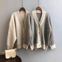 single breasted v neck button black and white striped cardigan sweater knitted loose oversized jumper top jackets for women 2022