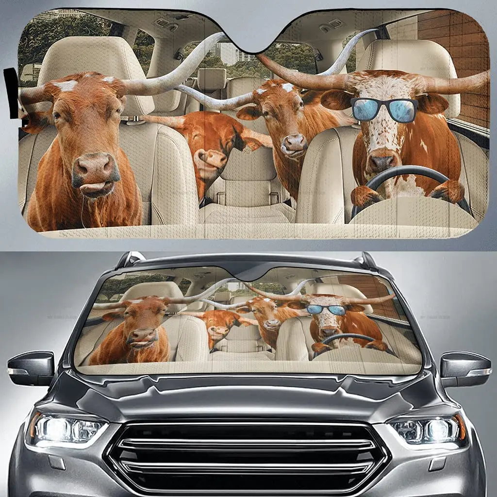 

Texas Longhorn Cattle Family Driving On Summer Car Sunshade Windshield Window, Gift for Farmer Farm Car Windshield Auto Visor