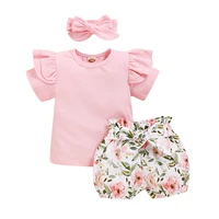 three piece newborn baby girls outfits solid o neck short sleeve floral print shorts headband infant toddler summer sets 0 24m