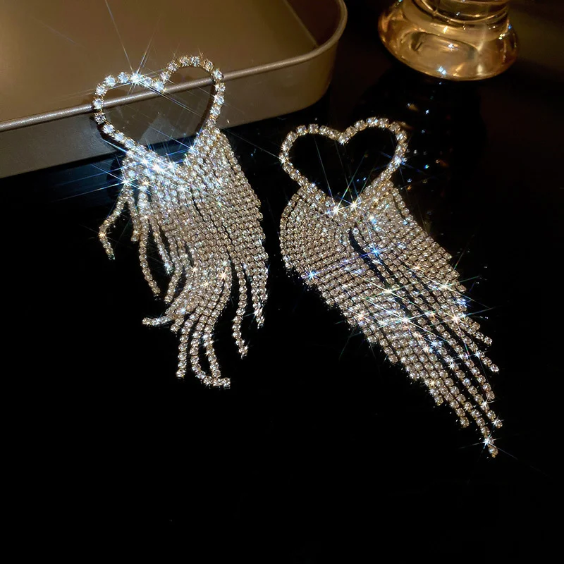 

FYUAN Fashion Long Tassel Rhinestone Drop Earrings for Women Gold Silver Color Heart Crystal Dangle Earrings Statement Jewelry