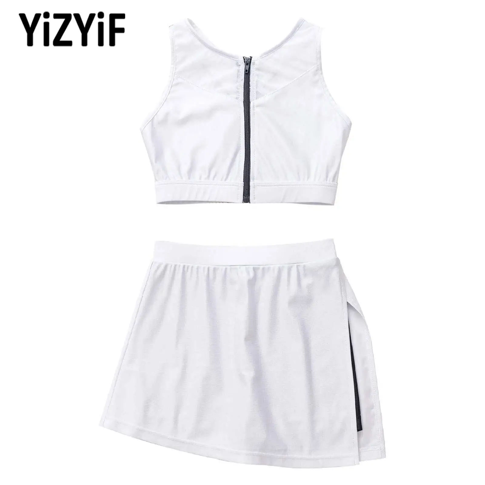 

White Kids Girls Tennis Skorts Sets Badminton Golf Sport Suits Mesh Front Zipper Vest Top Split Skirts Set Dance Outfit Costumes