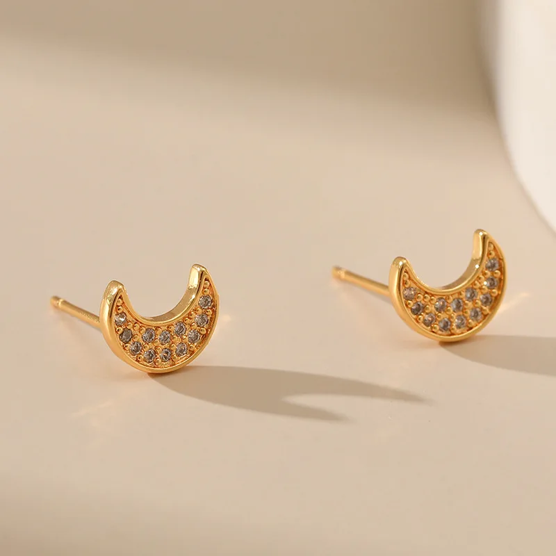 

18k Gold Plating Metal Inlaid White Cubic Zirconia Moon Earrings S925 Silver Needle Anti Allergy Exquisite Small Ear Studs