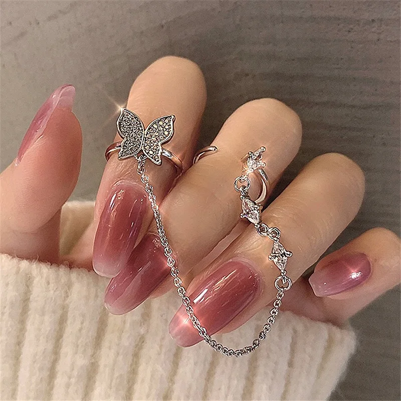 

Silver Color Sparkling Zircon Butterfly Open Rings For Women Punk Hip Hop Link Chain Tassel Rings Girls Elegant Finger Jewelry