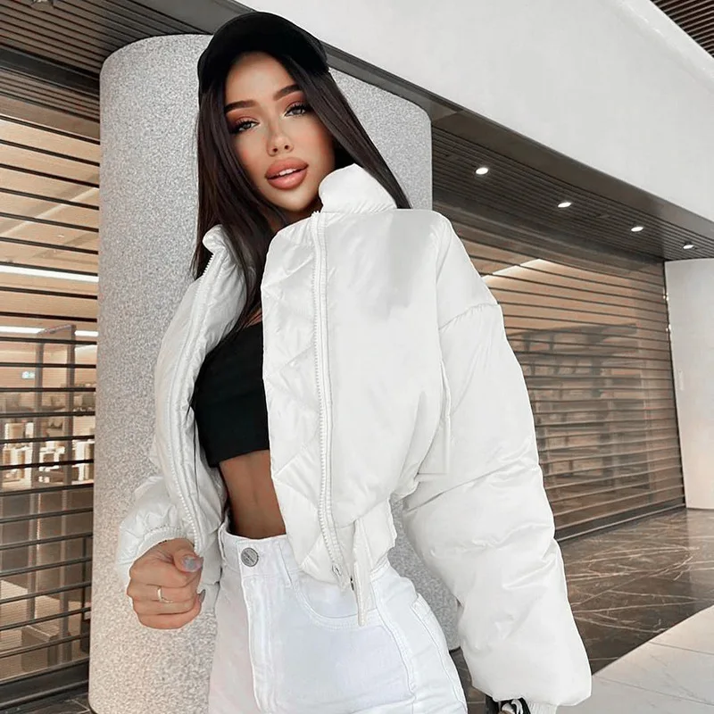

Parkas Winter Oversize Stand Collar Zipper Bread Parka Coat Women Long Sleeve Warm Jacket Short Outerwear Casual Black White